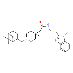 ChemSpider 2D Image | 6-{[(1R,5S)-6,6-Dimethylbicyclo[3.1.1]hept-2-en-2-yl]methyl}-N-[2-(1-methyl-1H-benzimidazol-2-yl)ethyl]-6-azaspiro[2.5]octane-1-carboxamide | C28H38N4O