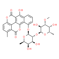 ChemSpider 2D Image | 6-Hydroxy-1-methyl-5,12-dioxo-5,12-dihydrobenzo[h]chromeno[5,4,3-cde]chromen-10-yl 6-deoxy-2-O-(6-deoxy-3-O-methyl-alpha-L-galactopyranosyl)-beta-D-galactopyranoside | C32H32O14