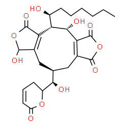 ChemSpider 2D Image | (4S,5R,10S)-4,8-Dihydroxy-5-[(1S)-1-hydroxyheptyl]-10-[(R)-hydroxy(6-oxo-3,6-dihydro-2H-pyran-2-yl)methyl]-4,5,8,9,10,11-hexahydro-1H-furo[3',4':5,6]cyclonona[1,2-c]furan-1,3,6-trione | C26H32O11