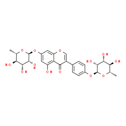 ChemSpider 2D Image | 4-{7-[(6-Deoxy-alpha-L-mannopyranosyl)oxy]-5-hydroxy-4-oxo-4H-chromen-3-yl}phenyl 6-deoxy-alpha-L-mannopyranoside | C27H30O13