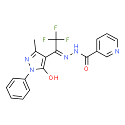 ChemSpider 2D Image | N'-[(1Z)-2,2,2-Trifluoro-1-(5-hydroxy-3-methyl-1-phenyl-1H-pyrazol-4-yl)ethylidene]nicotinohydrazide | C18H14F3N5O2