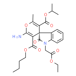 ChemSpider 2D Image | 3'-Butyl 5'-isopropyl (3S)-2'-amino-1-(2-ethoxy-2-oxoethyl)-6'-methyl-2-oxo-1,2-dihydrospiro[indole-3,4'-pyran]-3',5'-dicarboxylate | C26H32N2O8