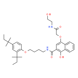 ChemSpider 2D Image | N-{4-[2,4-Bis(2-methyl-2-butanyl)phenoxy]butyl}-1-hydroxy-4-{2-[(2-hydroxyethyl)amino]-2-oxoethoxy}-2-naphthamide | C35H48N2O6