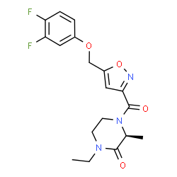ChemSpider 2D Image | (3S)-4-({5-[(3,4-Difluorophenoxy)methyl]-1,2-oxazol-3-yl}carbonyl)-1-ethyl-3-methyl-2-piperazinone | C18H19F2N3O4