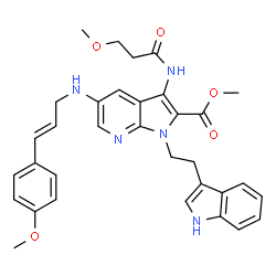 ChemSpider 2D Image | Methyl 1-[2-(1H-indol-3-yl)ethyl]-5-{[(2E)-3-(4-methoxyphenyl)-2-propen-1-yl]amino}-3-[(3-methoxypropanoyl)amino]-1H-pyrrolo[2,3-b]pyridine-2-carboxylate | C33H35N5O5