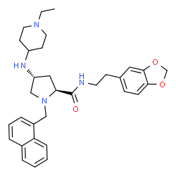ChemSpider 2D Image | (4R)-N-[2-(1,3-Benzodioxol-5-yl)ethyl]-4-[(1-ethyl-4-piperidinyl)amino]-1-(1-naphthylmethyl)-L-prolinamide | C32H40N4O3