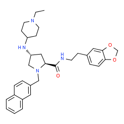 ChemSpider 2D Image | (4R)-N-[2-(1,3-Benzodioxol-5-yl)ethyl]-4-[(1-ethyl-4-piperidinyl)amino]-1-(2-naphthylmethyl)-L-prolinamide | C32H40N4O3