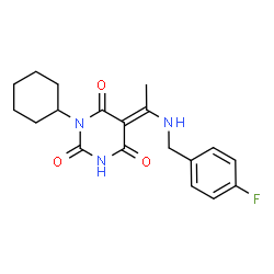 ChemSpider 2D Image | (5E)-1-Cyclohexyl-5-{1-[(4-fluorobenzyl)amino]ethylidene}-2,4,6(1H,3H,5H)-pyrimidinetrione | C19H22FN3O3