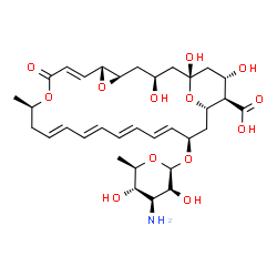 ChemSpider 2D Image | (1R,3S,5R,7R,8E,12R,14E,16E,18E,20E,22R,24S,25R,26S)-22-[(3-Amino-3,6-dideoxy-beta-D-glycero-hexopyranosyl)oxy]-1,3,26-trihydroxy-12-methyl-10-oxo-6,11,28-trioxatricyclo[22.3.1.0~5,7~]octacosa-8,14,16,18,20-pentaene-25-carboxylic acid | C33H47NO13