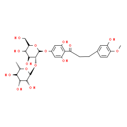 ChemSpider 2D Image | 3,5-Dihydroxy-4-[3-(3-hydroxy-4-methoxyphenyl)propanoyl]phenyl 2-O-(6-deoxy-alpha-D-mannopyranosyl)-beta-L-mannopyranoside | C28H36O15