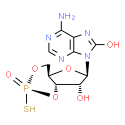 ChemSpider 2D Image | 6-Amino-9-[(4aR,6R,7R,7aS)-7-hydroxy-2-oxido-2-sulfanyltetrahydro-4H-furo[3,2-d][1,3,2]dioxaphosphinin-6-yl]-7,9-dihydro-8H-purin-8-one | C10H12N5O6PS