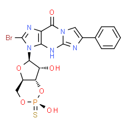ChemSpider 2D Image | 2-Bromo-3-[(4aR,6R,7R,7aS)-7-hydroxy-2-oxido-2-sulfanyltetrahydro-4H-furo[3,2-d][1,3,2]dioxaphosphinin-6-yl]-6-phenyl-3,4-dihydro-9H-imidazo[1,2-a]purin-9-one | C18H15BrN5O6PS