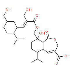 ChemSpider 2D Image | 9-Hydroxy-9-[({(2E)-2-(hydroxymethyl)-3-[3-(hydroxymethyl)-6-isopropyl-2-cyclohexen-1-yl]-2-propenoyl}oxy)methyl]-6-isopropyl-1-oxo-1,3,5a,6,7,8,9,9a-octahydro-2-benzoxepine-4-carboxylic acid | C29H42O9