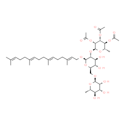 ChemSpider 2D Image | (2E,6E,10E)-3,7,11,15-Tetramethyl-2,6,10,14-hexadecatetraen-1-yl 6-deoxy-alpha-L-mannopyranosyl-(1->6)-[2,3,4-tri-O-acetyl-6-deoxy-alpha-L-mannopyranosyl-(1->2)]-beta-D-glucopyranoside | C44H70O17