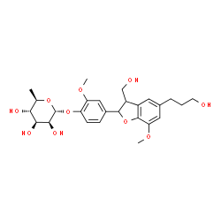 ChemSpider 2D Image | 4-[3-(Hydroxymethyl)-5-(3-hydroxypropyl)-7-methoxy-2,3-dihydro-1-benzofuran-2-yl]-2-methoxyphenyl 6-deoxy-alpha-D-mannopyranoside | C26H34O10