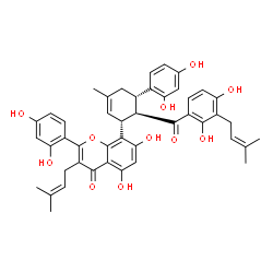 ChemSpider 2D Image | 8-[(1R,5S,6R)-6-[2,4-Dihydroxy-3-(3-methyl-2-buten-1-yl)benzoyl]-5-(2,4-dihydroxyphenyl)-3-methyl-2-cyclohexen-1-yl]-2-(2,4-dihydroxyphenyl)-5,7-dihydroxy-3-(3-methyl-2-buten-1-yl)-4H-chromen-4-one | C45H44O11