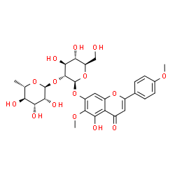 ChemSpider 2D Image | 5-Hydroxy-6-methoxy-2-(4-methoxyphenyl)-4-oxo-4H-chromen-7-yl 2-O-(6-deoxy-alpha-L-mannopyranosyl)-beta-D-glucopyranoside | C29H34O15