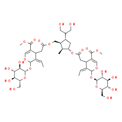 ChemSpider 2D Image | Methyl (3Z)-4-(2-{[(1S,2S,3S,5R)-5-(1,3-dihydroxy-2-propanyl)-3-{2-[(3Z)-3-ethylidene-2-(beta-D-glucopyranosyloxy)-5-(methoxycarbonyl)-3,4-dihydro-2H-pyran-4-yl]acetoxy}-2-methylcyclopentyl]methoxy}-2
-oxoethyl)-3-ethylidene-2-(beta-D-glucopyranosyloxy)-3,4-dihydro-2H-pyran-5-carboxylate | C44H64O24