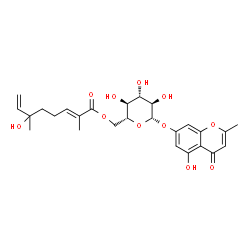 ChemSpider 2D Image | 5-Hydroxy-2-methyl-4-oxo-4H-chromen-7-yl 6-O-[(2E)-6-hydroxy-2,6-dimethyl-2,7-octadienoyl]-beta-D-glucopyranoside | C26H32O11