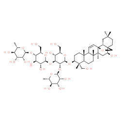 ChemSpider 2D Image | (3beta,5xi,9xi,16beta)-16,23-Dihydroxy-13,28-epoxyolean-11-en-3-yl 6-deoxy-alpha-L-mannopyranosyl-(1->2)-[6-deoxy-alpha-L-mannopyranosyl-(1->4)-beta-D-glucopyranosyl-(1->3)]-beta-D-glucopyranoside | C54H88O22