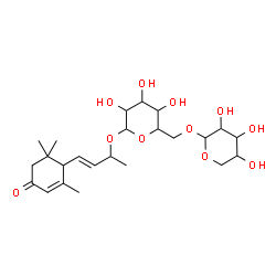 ChemSpider 2D Image | (3E)-4-(2,6,6-Trimethyl-4-oxo-2-cyclohexen-1-yl)-3-buten-2-yl 6-O-pentopyranosylhexopyranoside | C24H38O11