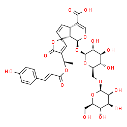 ChemSpider 2D Image | (1S,4aS,7S,7aS)-1-{[6-O-(beta-D-Glucopyranosyl)-beta-D-glucopyranosyl]oxy}-4'-[(1R)-1-{[(2E)-3-(4-hydroxyphenyl)-2-propenoyl]oxy}ethyl]-5'-oxo-4a,7a-dihydro-1H,5'H-spiro[cyclopenta[c]pyran-7,2'-furan]
-4-carboxylic acid | C35H40O19