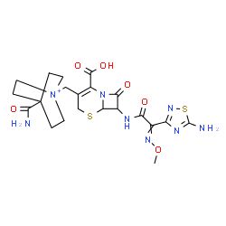 ChemSpider 2D Image | 1-[(7-{[(5-Amino-1,2,4-thiadiazol-3-yl)(methoxyimino)acetyl]amino}-2-carboxy-8-oxo-5-thia-1-azabicyclo[4.2.0]oct-2-en-3-yl)methyl]-4-carbamoyl-1-azoniabicyclo[2.2.2]octane | C21H27N8O6S2