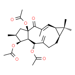 ChemSpider 2D Image | (1aR,2E,4aR,6S,7S,7aR,8R,11aS)-1,1,3,6-Tetramethyl-9-methylene-4-oxo-1,1a,4,5,6,7,7a,8,9,10,11,11a-dodecahydro-4aH-cyclopenta[a]cyclopropa[f][11]annulene-4a,7,8-triyl triacetate | C26H36O7