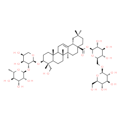 ChemSpider 2D Image | 1-O-[(3beta,5xi,9xi)-3-{[2-O-(6-Deoxy-alpha-L-mannopyranosyl)-alpha-L-arabinopyranosyl]oxy}-23-hydroxy-28-oxoolean-12-en-28-yl]-6-O-beta-D-glucopyranosyl-beta-D-glucopyranose | C53H86O22
