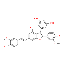 ChemSpider 2D Image | 5-{4-Hydroxy-2-(4-hydroxy-3-methoxyphenyl)-6-[(E)-2-(4-hydroxy-3-methoxyphenyl)vinyl]-2,3-dihydro-1-benzofuran-3-yl}-1,3-benzenediol | C30H26O8