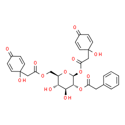 ChemSpider 2D Image | 1,6-Bis-O-[(1-hydroxy-4-oxo-2,5-cyclohexadien-1-yl)acetyl]-2-O-(phenylacetyl)-beta-D-glucopyranose | C30H30O13