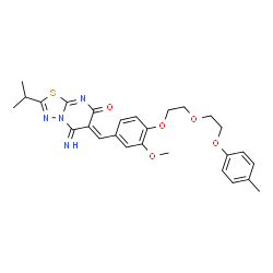 ChemSpider 2D Image | (6Z)-5-Imino-2-isopropyl-6-(3-methoxy-4-{2-[2-(4-methylphenoxy)ethoxy]ethoxy}benzylidene)-5,6-dihydro-7H-[1,3,4]thiadiazolo[3,2-a]pyrimidin-7-one | C27H30N4O5S