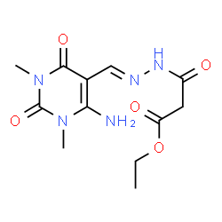 ChemSpider 2D Image | Ethyl 3-{(2E)-2-[(6-amino-1,3-dimethyl-2,4-dioxo-1,2,3,4-tetrahydro-5-pyrimidinyl)methylene]hydrazino}-3-oxopropanoate | C12H17N5O5