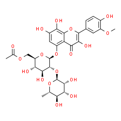 ChemSpider 2D Image | 3,7,8-Trihydroxy-2-(4-hydroxy-3-methoxyphenyl)-4-oxo-4H-chromen-5-yl 6-O-acetyl-2-O-(6-deoxy-alpha-L-mannopyranosyl)-beta-D-glucopyranoside | C30H34O18