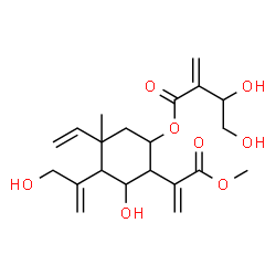 ChemSpider 2D Image | 3-Hydroxy-4-(3-hydroxy-1-propen-2-yl)-2-(3-methoxy-3-oxo-1-propen-2-yl)-5-methyl-5-vinylcyclohexyl 3,4-dihydroxy-2-methylenebutanoate | C21H30O8