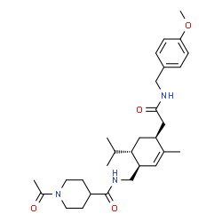 ChemSpider 2D Image | 1-Acetyl-N-{[(1S,4S,6S)-6-isopropyl-4-{2-[(4-methoxybenzyl)amino]-2-oxoethyl}-3-methyl-2-cyclohexen-1-yl]methyl}-4-piperidinecarboxamide | C29H43N3O4
