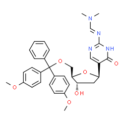 ChemSpider 2D Image | (1R)-1,4-Anhydro-5-O-[bis(4-methoxyphenyl)(phenyl)methyl]-2-deoxy-1-(2-{(E)-[(dimethylamino)methylene]amino}-4-oxo-1,4-dihydro-5-pyrimidinyl)-D-erythro-pentitol | C33H36N4O6