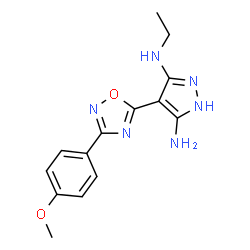 ChemSpider 2D Image | N3-ethyl-4-[3-(4-methoxyphenyl)-1,2,4-oxadiazol-5-yl]-1H-pyrazole-3,5-diamine | C14H16N6O2