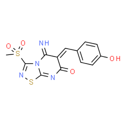 ChemSpider 2D Image | (6Z)-6-(4-Hydroxybenzylidene)-5-imino-3-(methylsulfonyl)-5,6-dihydro-7H-[1,2,4]thiadiazolo[4,5-a]pyrimidin-7-one | C13H10N4O4S2