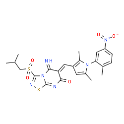ChemSpider 2D Image | (6Z)-6-{[2,5-Dimethyl-1-(2-methyl-5-nitrophenyl)-1H-pyrrol-3-yl]methylene}-5-imino-3-(isobutylsulfonyl)-5,6-dihydro-7H-[1,2,4]thiadiazolo[4,5-a]pyrimidin-7-one | C23H24N6O5S2