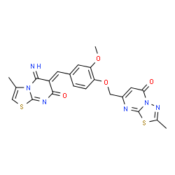 ChemSpider 2D Image | 7-({4-[(Z)-(5-Imino-3-methyl-7-oxo-5H-[1,3]thiazolo[3,2-a]pyrimidin-6(7H)-ylidene)methyl]-2-methoxyphenoxy}methyl)-2-methyl-5H-[1,3,4]thiadiazolo[3,2-a]pyrimidin-5-one | C22H18N6O4S2