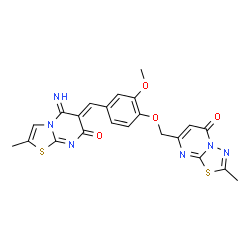ChemSpider 2D Image | 7-({4-[(Z)-(5-Imino-2-methyl-7-oxo-5H-[1,3]thiazolo[3,2-a]pyrimidin-6(7H)-ylidene)methyl]-2-methoxyphenoxy}methyl)-2-methyl-5H-[1,3,4]thiadiazolo[3,2-a]pyrimidin-5-one | C22H18N6O4S2