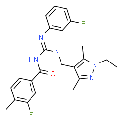 ChemSpider 2D Image | N-{(E)-{[(1-Ethyl-3,5-dimethyl-1H-pyrazol-4-yl)methyl]amino}[(3-fluorophenyl)amino]methylene}-3-fluoro-4-methylbenzamide | C23H25F2N5O