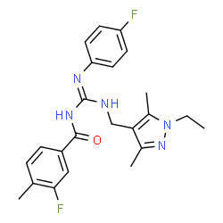 ChemSpider 2D Image | N-{(E)-{[(1-Ethyl-3,5-dimethyl-1H-pyrazol-4-yl)methyl]amino}[(4-fluorophenyl)amino]methylene}-3-fluoro-4-methylbenzamide | C23H25F2N5O