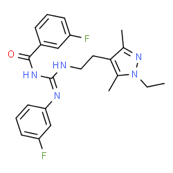 ChemSpider 2D Image | N-{(E)-{[2-(1-Ethyl-3,5-dimethyl-1H-pyrazol-4-yl)ethyl]amino}[(3-fluorophenyl)amino]methylene}-3-fluorobenzamide | C23H25F2N5O