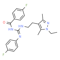 ChemSpider 2D Image | N-{(E)-{[2-(1-Ethyl-3,5-dimethyl-1H-pyrazol-4-yl)ethyl]amino}[(4-fluorophenyl)amino]methylene}-4-fluorobenzamide | C23H25F2N5O