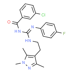 ChemSpider 2D Image | 3-Chloro-N-[(Z)-[(4-fluorophenyl)amino]{[2-(1,3,5-trimethyl-1H-pyrazol-4-yl)ethyl]amino}methylene]benzamide | C22H23ClFN5O
