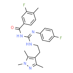 ChemSpider 2D Image | 3-Fluoro-N-[(Z)-[(4-fluorophenyl)amino]{[2-(1,3,5-trimethyl-1H-pyrazol-4-yl)ethyl]amino}methylene]-4-methylbenzamide | C23H25F2N5O