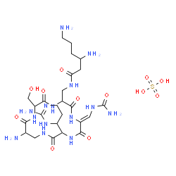 ChemSpider 2D Image | 3,6-Diamino-N-{[(8Z)-15-amino-11-(2-amino-3,4,5,6-tetrahydro-4-pyrimidinyl)-8-[(carbamoylamino)methylene]-2-(hydroxymethyl)-3,6,9,12,16-pentaoxo-1,4,7,10,13-pentaazacyclohexadecan-5-yl]methyl}hexanami
de sulfate (1:1) | C25H46N14O12S