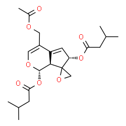 ChemSpider 2D Image | (1S,6S,7aS)-4-(Acetoxymethyl)-6,7a-dihydro-1H-spiro[cyclopenta[c]pyran-7,2'-oxirane]-1,6-diyl bis(3-methylbutanoate) | C22H30O8